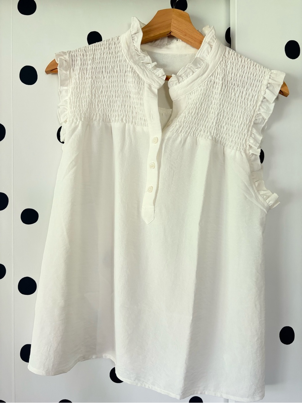 Women's White Ruffled Smocked Sleeveless Top